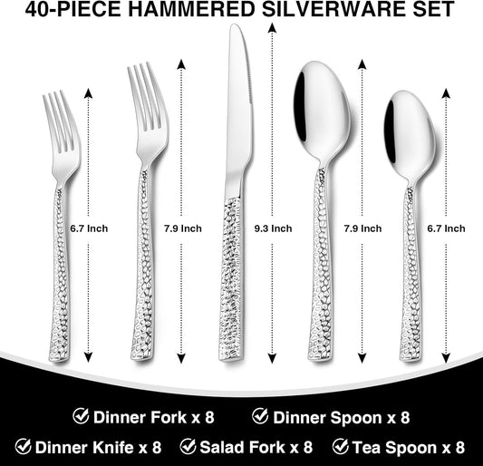 Hammered Silverware Set, 40-Piece Stainless Steel Square Flatware Set for 8, Food-Grade Tableware Cutlery V1258-DP02-C-44