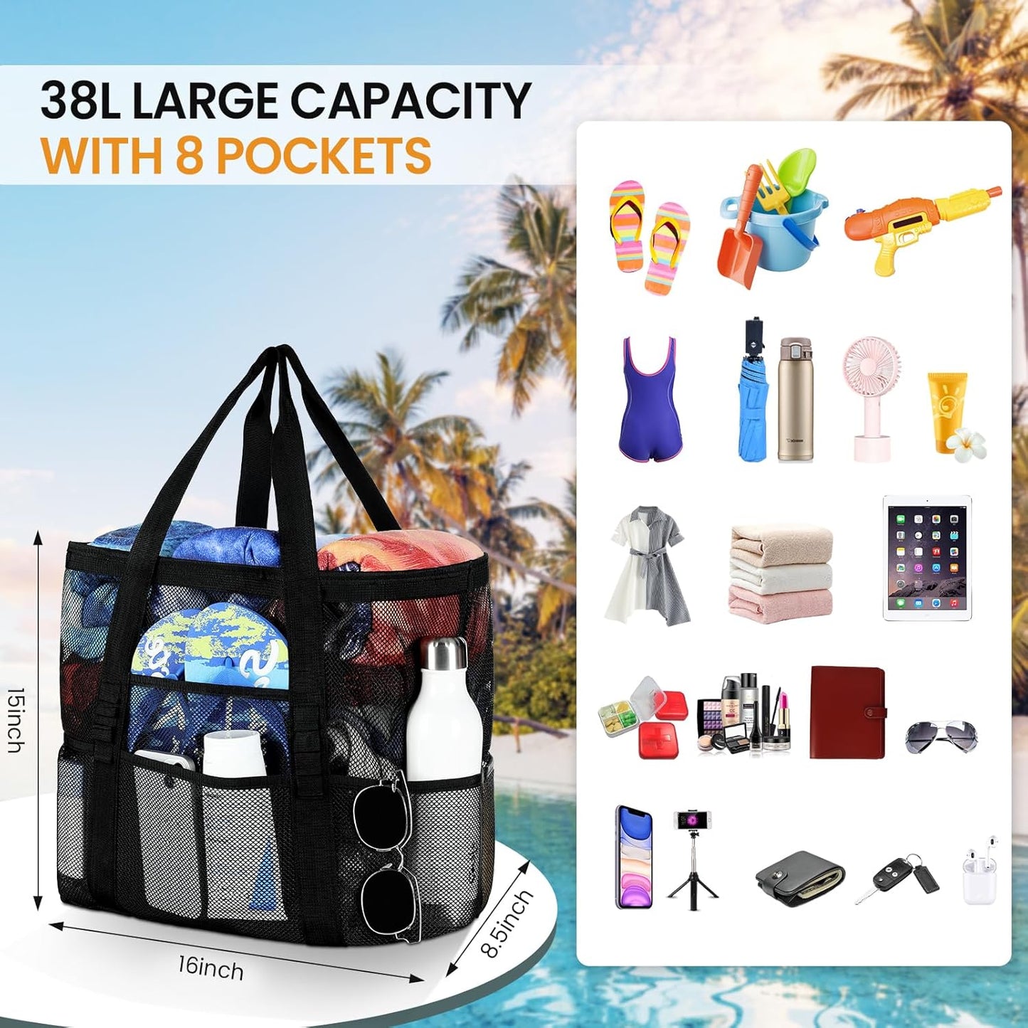 Mesh Beach Bag - Large Beach Tote with Multi Functional Pockets for Family Travel/Vacation V1258-DP02-C-441