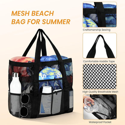 Mesh Beach Bag - Large Beach Tote with Multi Functional Pockets for Family Travel/Vacation V1258-DP02-C-441