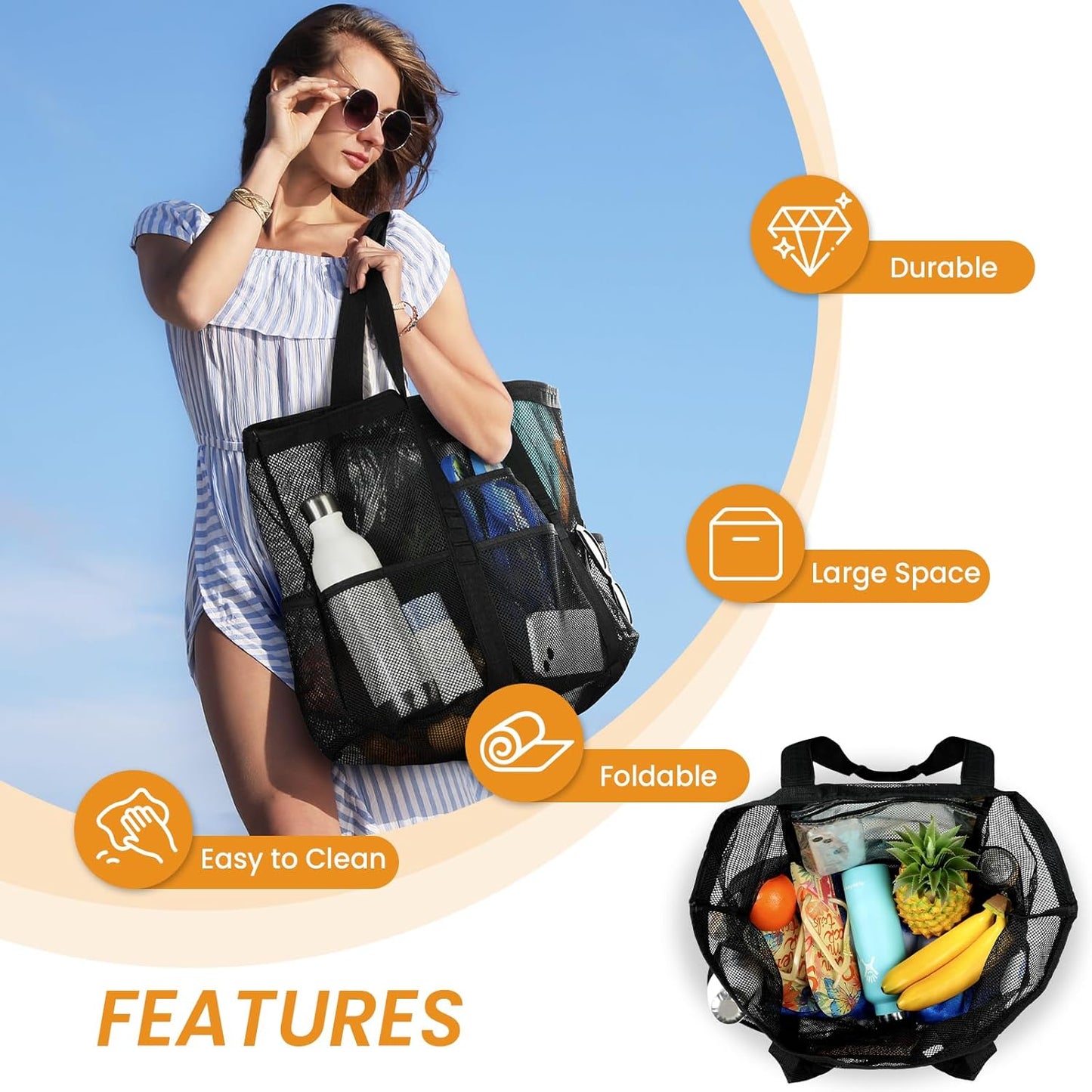 Mesh Beach Bag - Large Beach Tote with Multi Functional Pockets for Family Travel/Vacation V1258-DP02-C-441