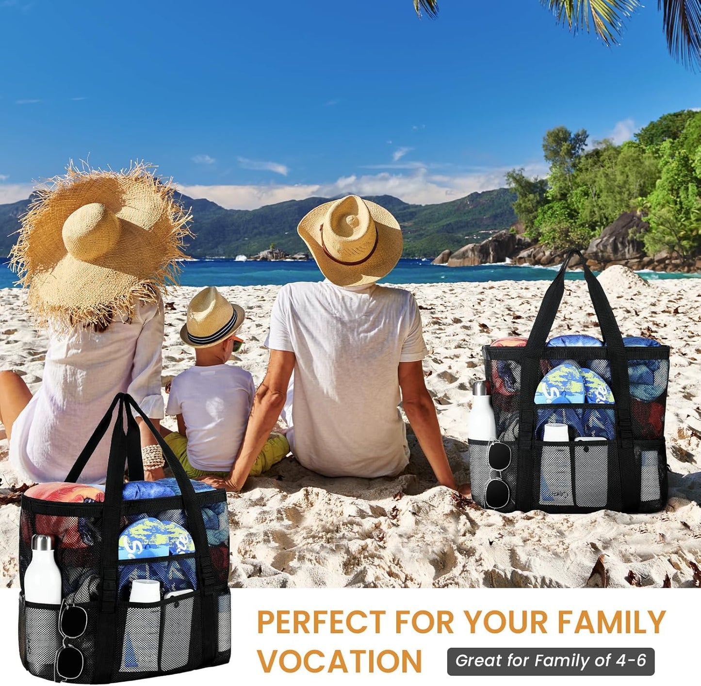 Mesh Beach Bag - Large Beach Tote with Multi Functional Pockets for Family Travel/Vacation V1258-DP02-C-441