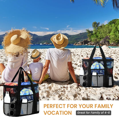 Mesh Beach Bag - Large Beach Tote with Multi Functional Pockets for Family Travel/Vacation V1258-DP02-C-441