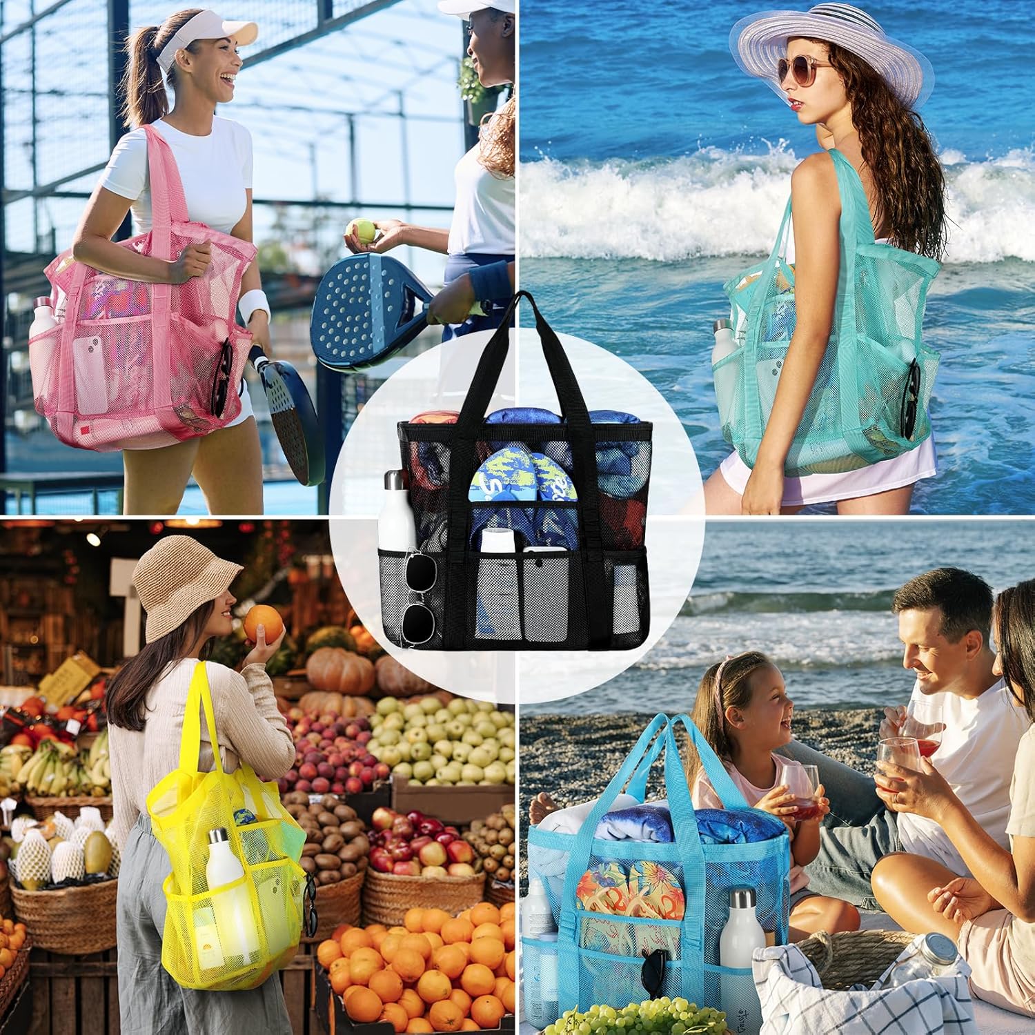 Mesh Beach Bag - Large Beach Tote with Multi Functional Pockets for Family Travel/Vacation V1258-DP02-C-441