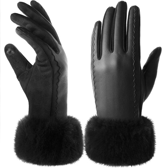 Leather Gloves for Women, Warm Winter Gloves Women with Plush Cuff, Touchscreen Womens Gloves for Cold Weather V1258-DP02-C-444
