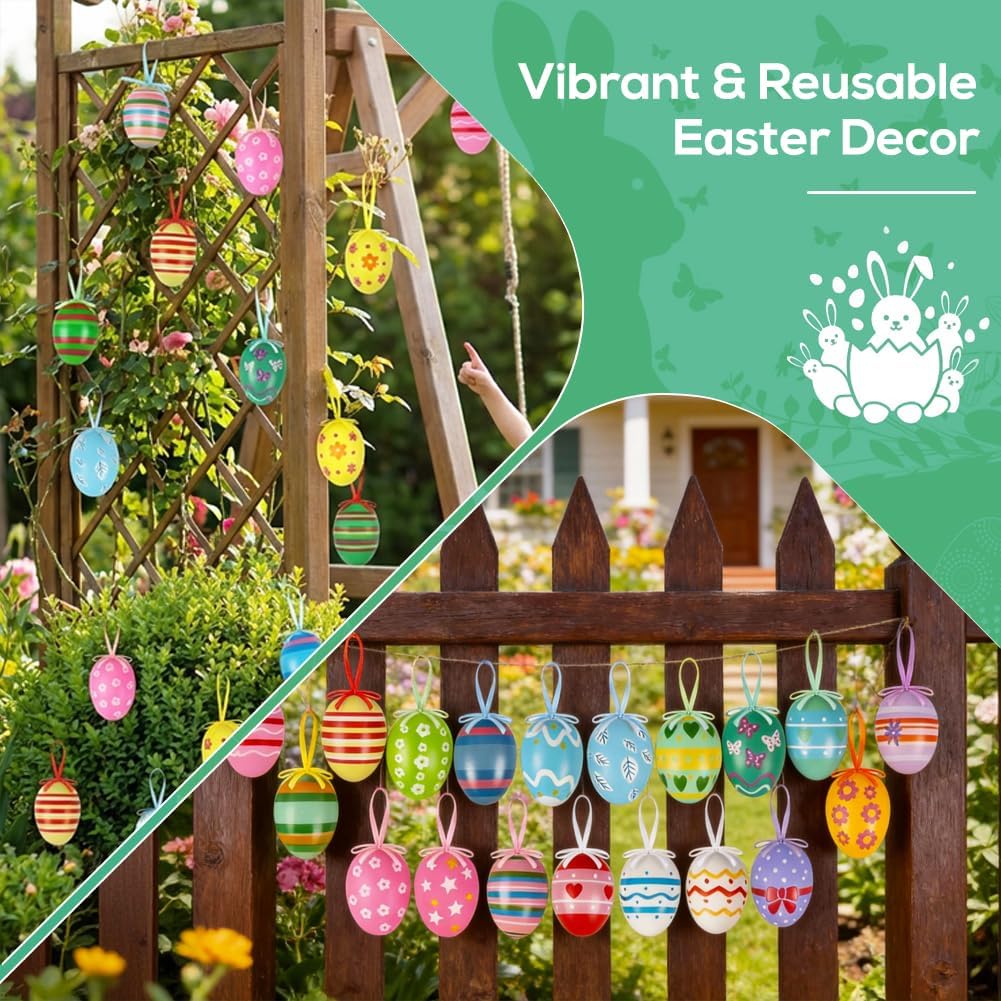 24PCS Hanging Easter Eggs - Reusable Plastic Easter Egg Decorations for Tree Ornaments, Basket, Party & Home V1258-DP02-C-449