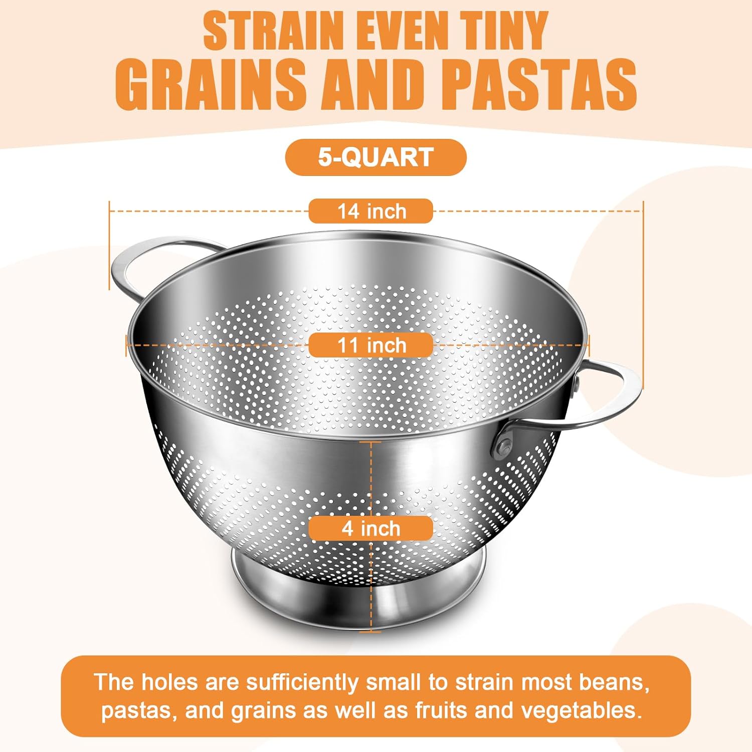 Stainless Steel Colander for Kitchen | 5 Quart Durable Rice and Pasta Strainer with Handle | Oversized V1258-DP02-C-45