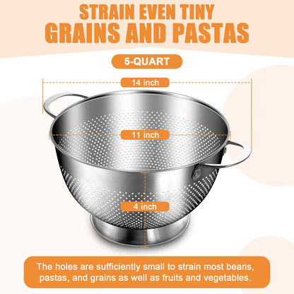 Stainless Steel Colander for Kitchen | 5 Quart Durable Rice and Pasta Strainer with Handle | Oversized V1258-DP02-C-45