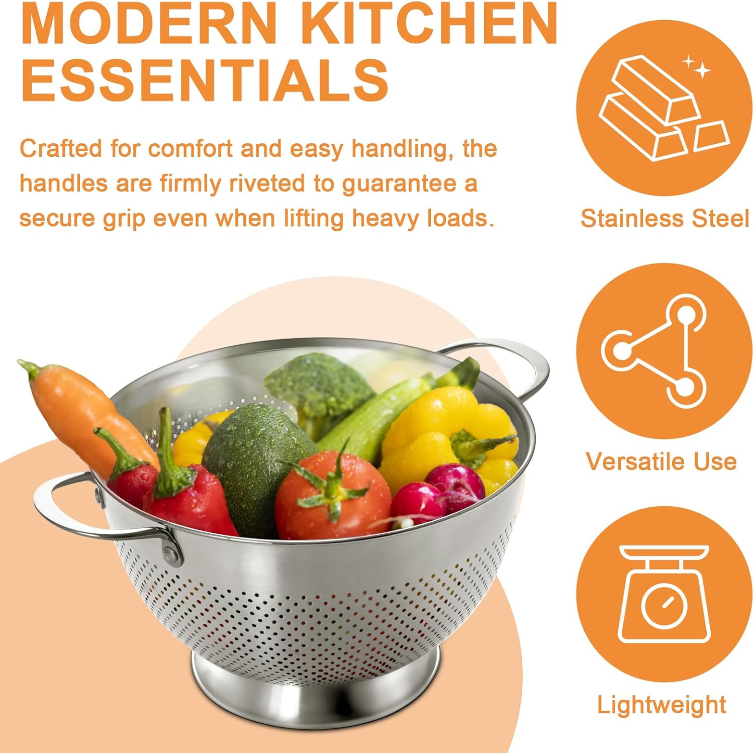Stainless Steel Colander for Kitchen | 5 Quart Durable Rice and Pasta Strainer with Handle | Oversized V1258-DP02-C-45