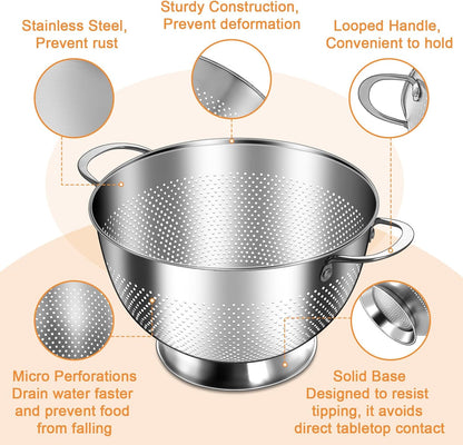 Stainless Steel Colander for Kitchen | 5 Quart Durable Rice and Pasta Strainer with Handle | Oversized V1258-DP02-C-45