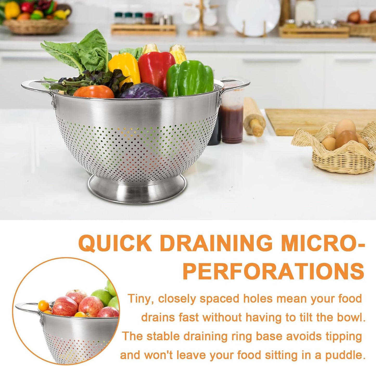 Stainless Steel Colander for Kitchen | 5 Quart Durable Rice and Pasta Strainer with Handle | Oversized V1258-DP02-C-45