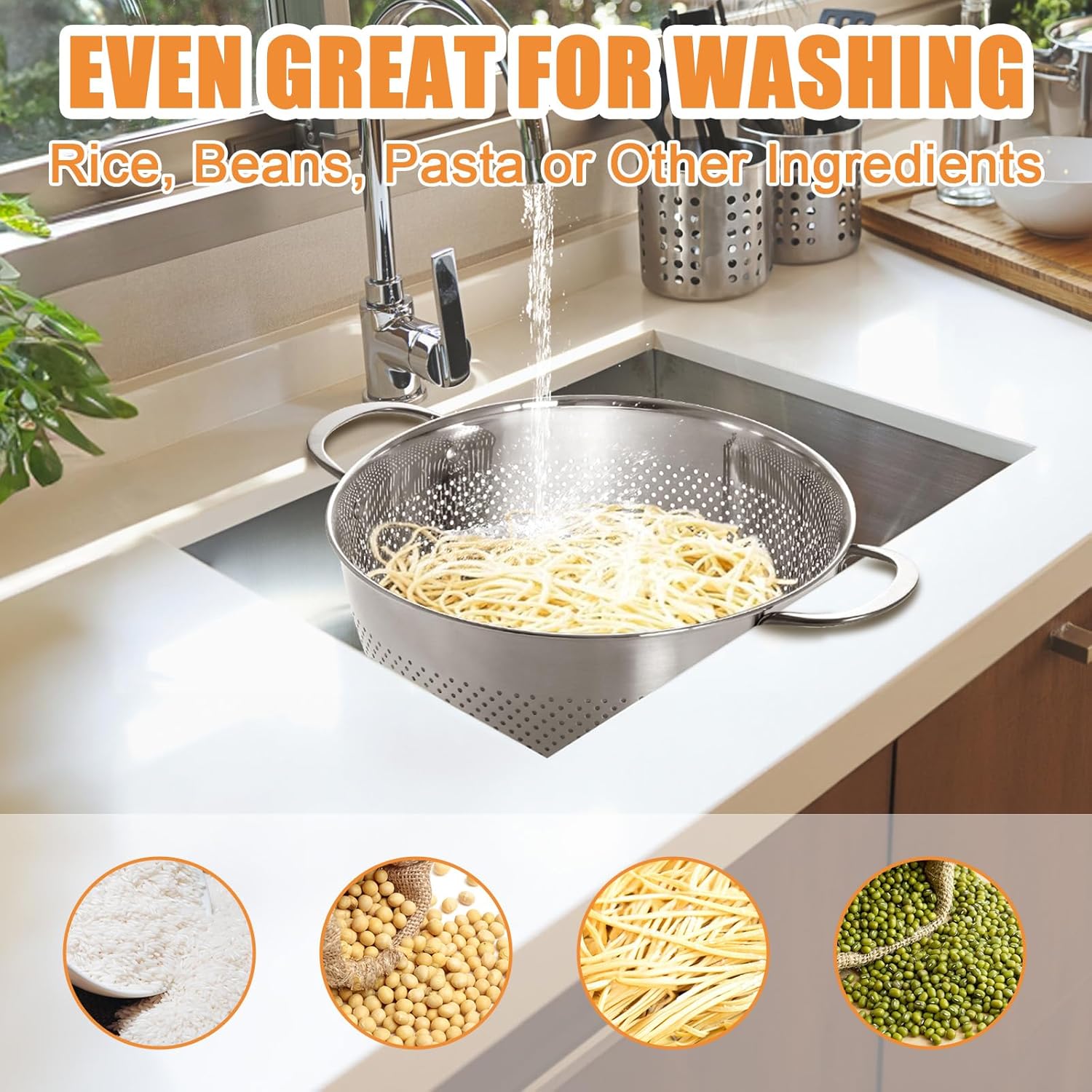 Stainless Steel Colander for Kitchen | 5 Quart Durable Rice and Pasta Strainer with Handle | Oversized V1258-DP02-C-45