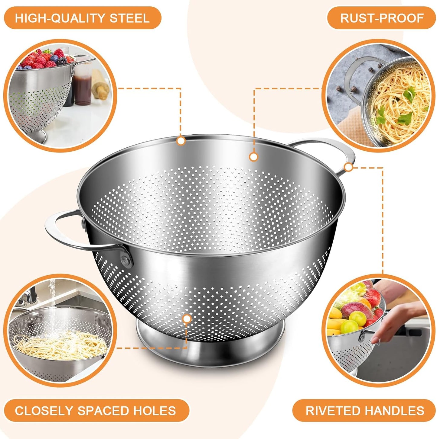 Stainless Steel Colander for Kitchen | 5 Quart Durable Rice and Pasta Strainer with Handle | Oversized V1258-DP02-C-45