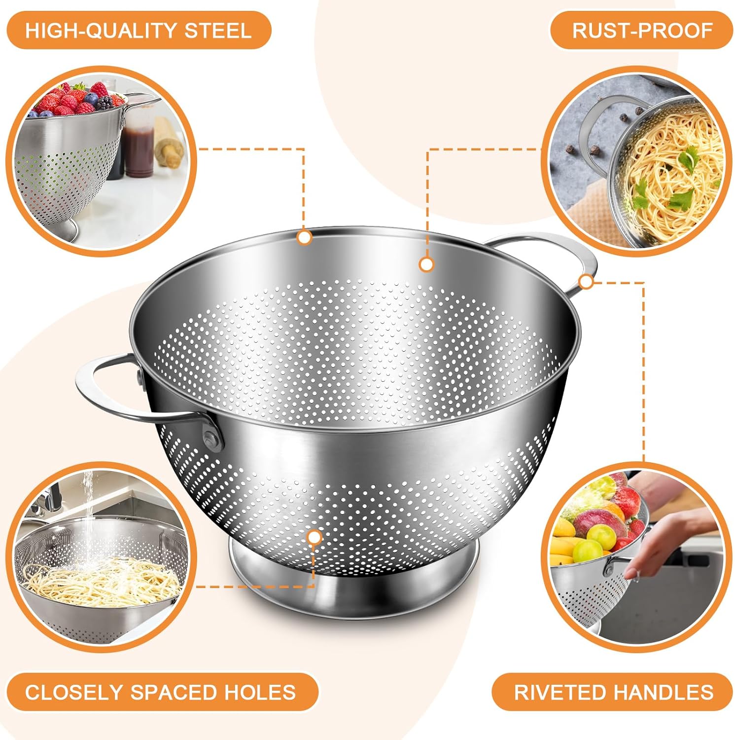 Stainless Steel Colander for Kitchen | 5 Quart Durable Rice and Pasta Strainer with Handle | Oversized V1258-DP02-C-45