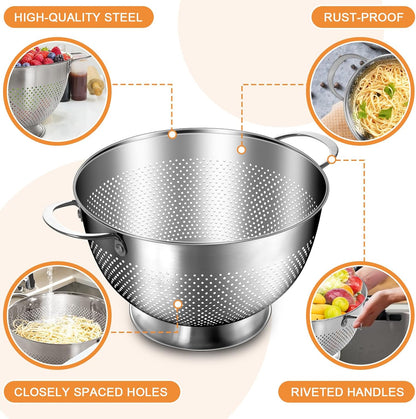 Stainless Steel Colander for Kitchen | 5 Quart Durable Rice and Pasta Strainer with Handle | Oversized V1258-DP02-C-45