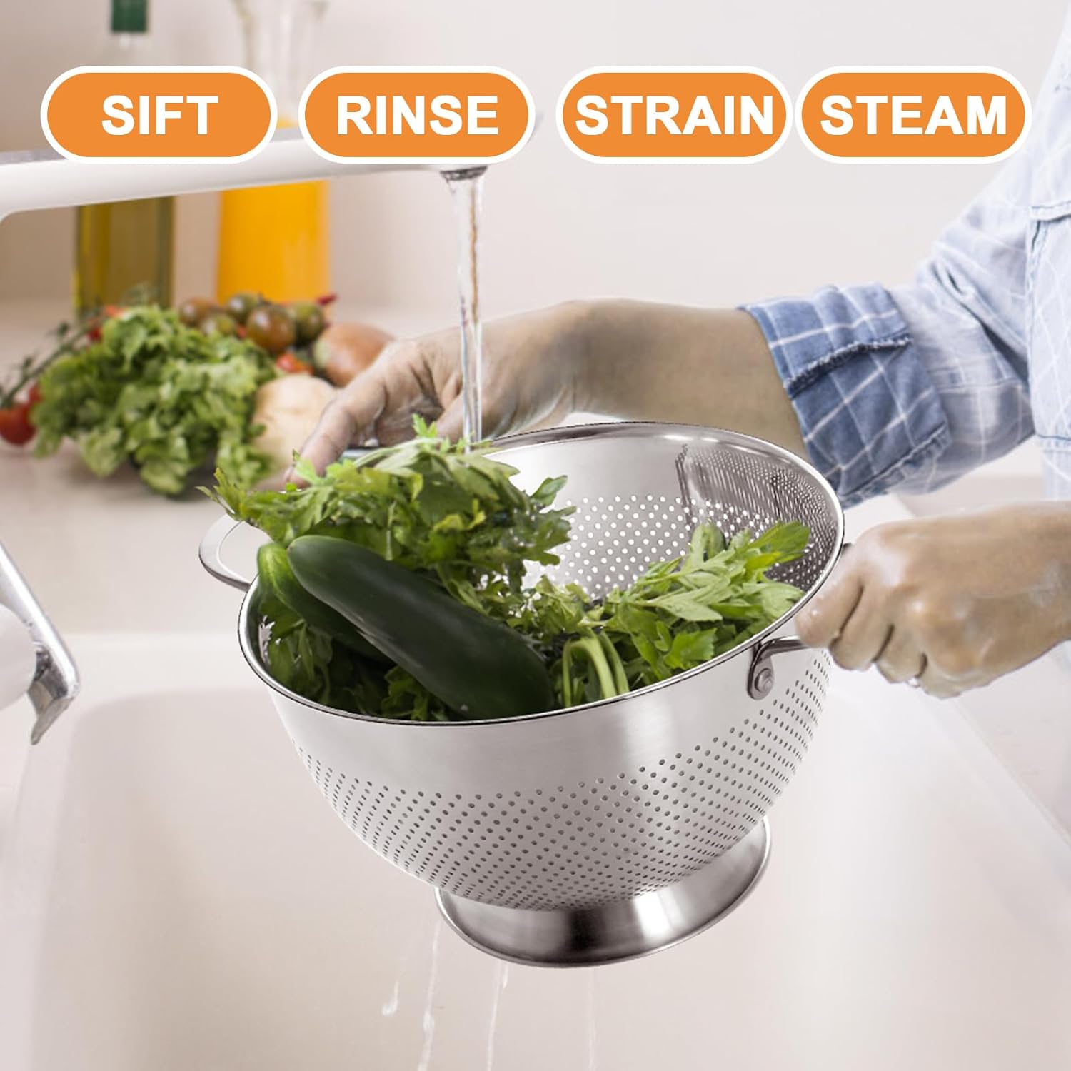 Stainless Steel Colander for Kitchen | 5 Quart Durable Rice and Pasta Strainer with Handle | Oversized V1258-DP02-C-45