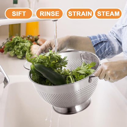 Stainless Steel Colander for Kitchen | 5 Quart Durable Rice and Pasta Strainer with Handle | Oversized V1258-DP02-C-45
