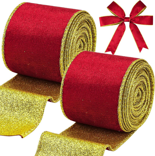 Red Velvet Wired Ribbon, Christmas Ribbon with Gold Metallic Glitter for Gift Wrapping Christmas Tree V1258-DP02-C-451