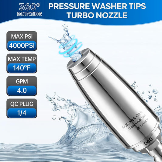Stainless Steel Pressure Washer Tips Turbo Nozzle 4000 PSI Pressure Washer Rotating Turbo Nozzle, 360 degrees V1258-DP02-C-458