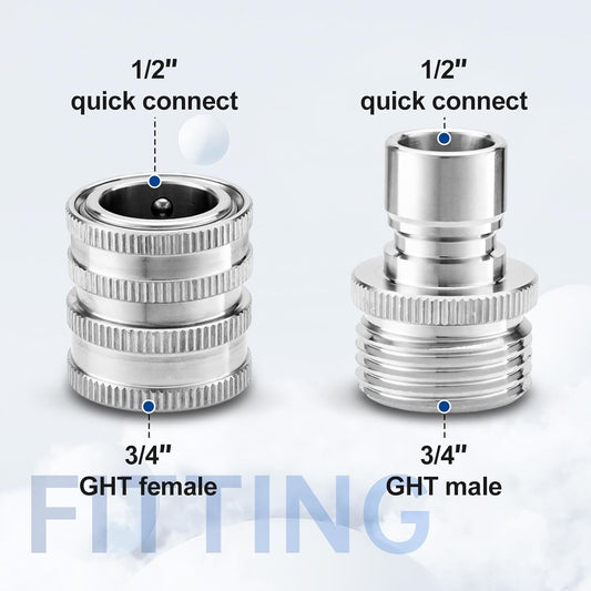 Quick Connect Hose Fittings, 3/4 Inch GHT Garden Hose Quick Connect Set, Stainless Steel Water Hose Fitting, V1258-DP02-C-461
