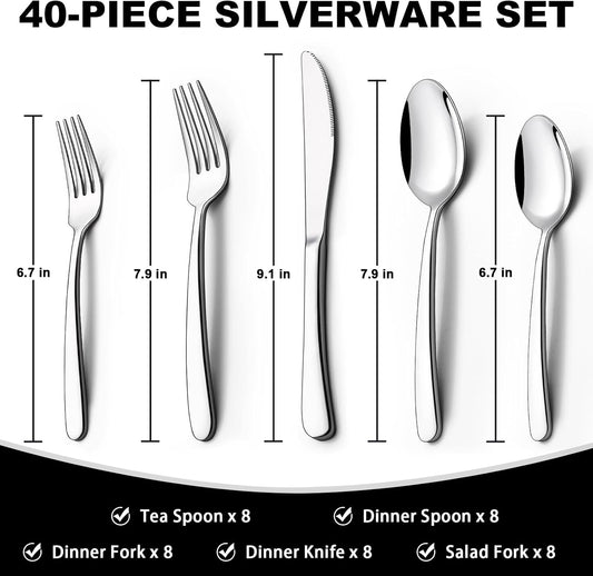 40-Piece Silverware Set with Organizer, Heavy Duty Stainless Steel Flatware Set for 8, Food-Grade Tableware V1258-DP02-C-47