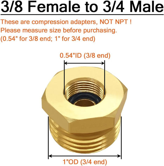 4PCS 3/4 GHT Male to 3/8 Compression Female Bushing Pipe Fitting, Brass Reducer Faucet Connector Water Hose V1258-DP02-C-492