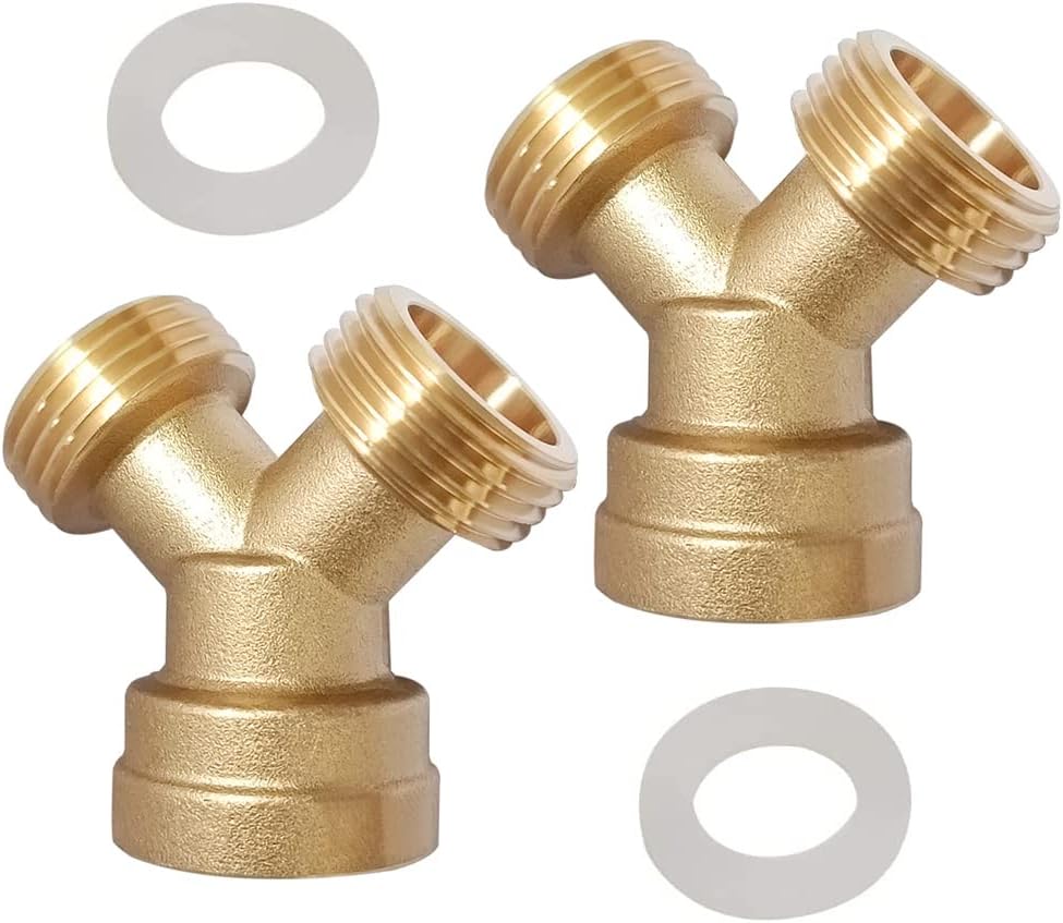 2PCS Brass 3/4" GHT Garden Hose Splitter Body Backyard 2 Way Y Shaped Connector Threaded Pipe Fitting Coupler V1258-DP02-C-498