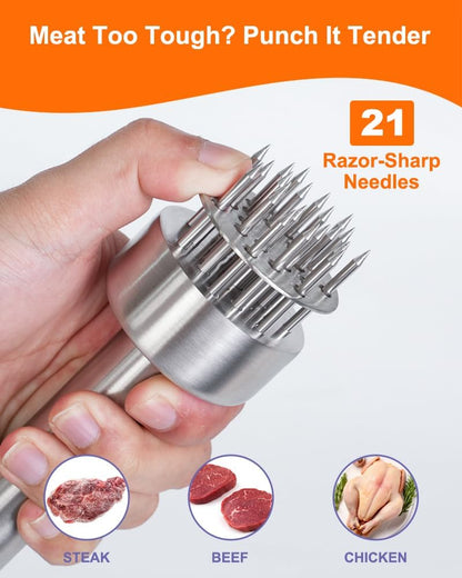 Meat Tenderizer Tool, 304 Stainless Steel, with 21 Needles & Retractable Safety Guard, for Tenderizing Beef, V1258-DP02-C-5