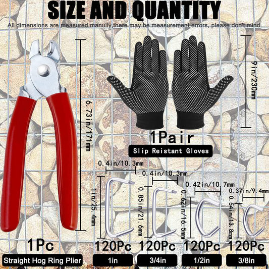 480Pcs 3/4" 1/2" 3/8" 1" Galvanized Hog Rings with Straight Hog Ring Pliers Assortment, Professional V1258-DP02-C-51