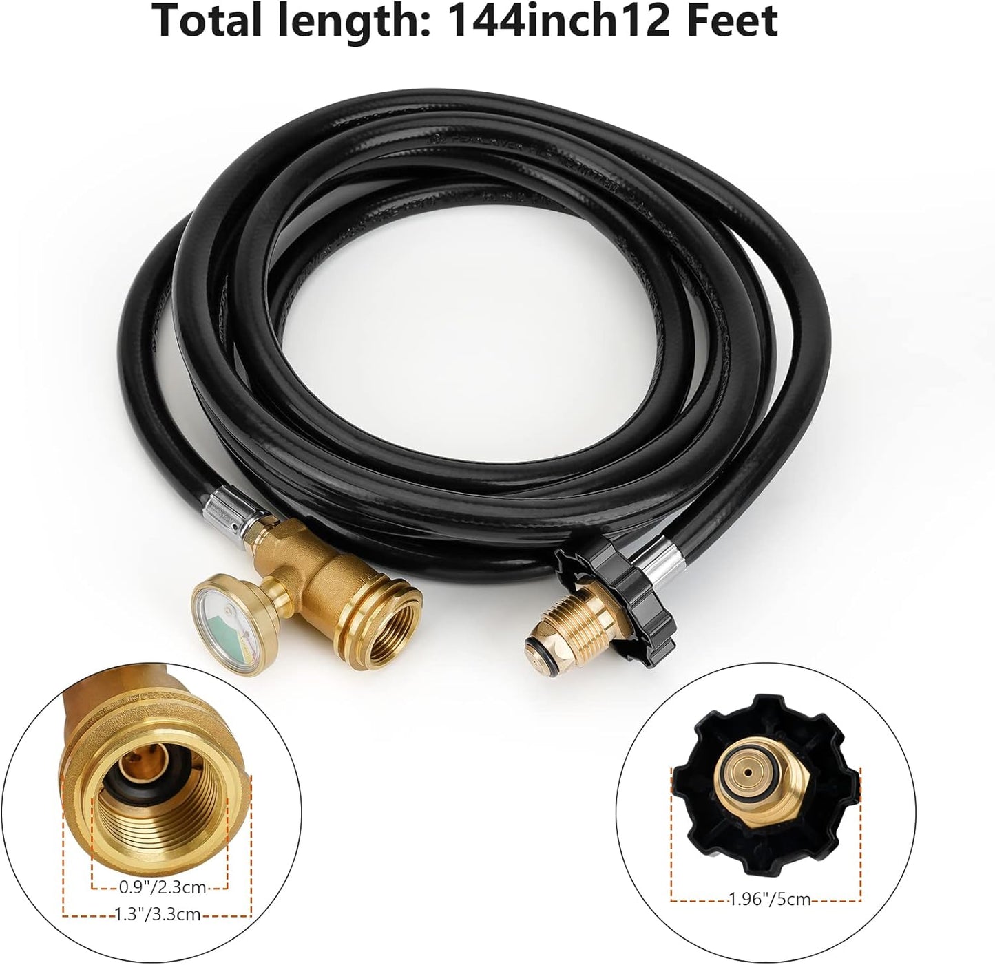 12 FT Propane Extension Hose with Gauge - Leak Detector Replacement for Propane Appliances,Standard P.O.L. V1258-DP02-C-513