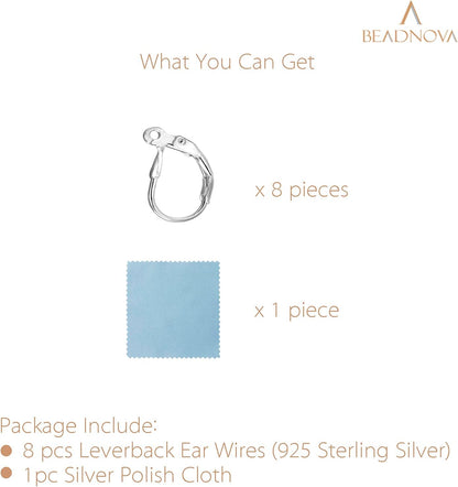 925 Sterling Silver Leverback Earring Hooks 8pcs French Ear Wire Lever Back Earwire for Jewelry Making V1258-DP02-C-522