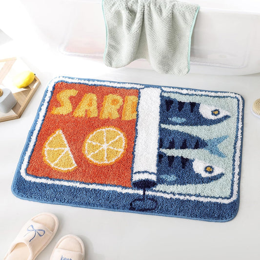 Sardine Can Bath Mat, Blue Bathroom Rugs for Bedroom, Soft Washable Rug Non Slip Cute Kitchen Bath Mats for V1258-DP02-C-555