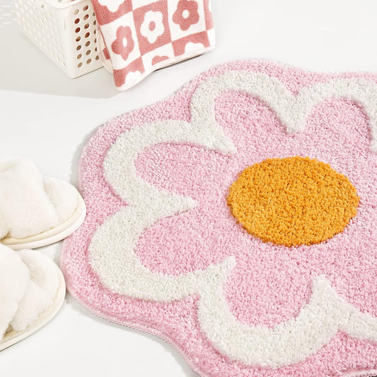 Cute Pink Flower Bath Mat, Machine Washable Bath Rug, Ultra Soft and Fluffy Bathroom Mat, Small Round V1258-DP02-C-557