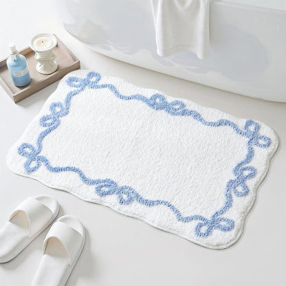 Blue Scalloped Bath Mat - Cute Bow Bathroom Rugs Small Non Slip Bath Mat, Soft & Absorbent Bath Rugs for V1258-DP02-C-559