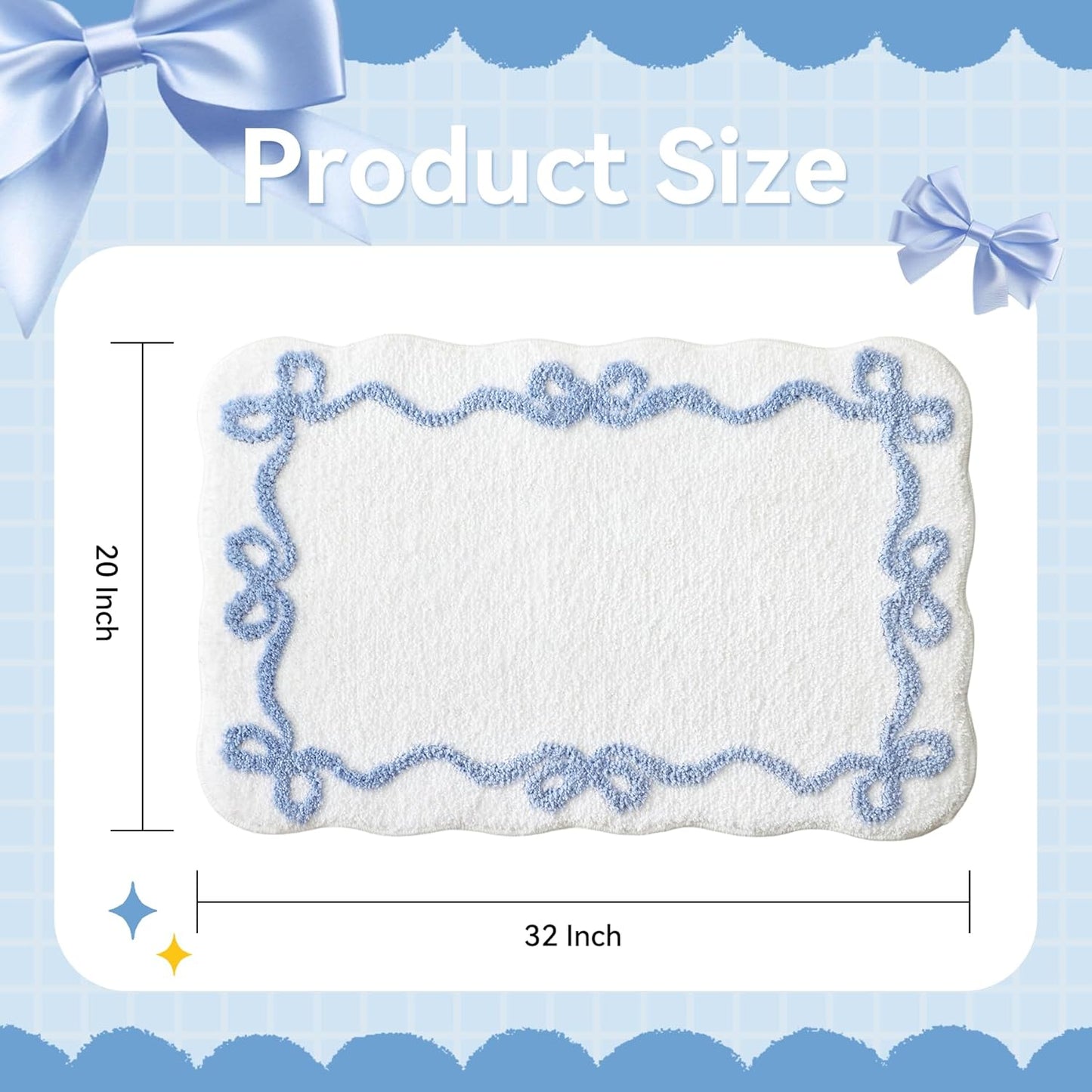 Blue Scalloped Bath Mat - Cute Bow Bathroom Rugs Small Non Slip Bath Mat, Soft & Absorbent Bath Rugs for V1258-DP02-C-559