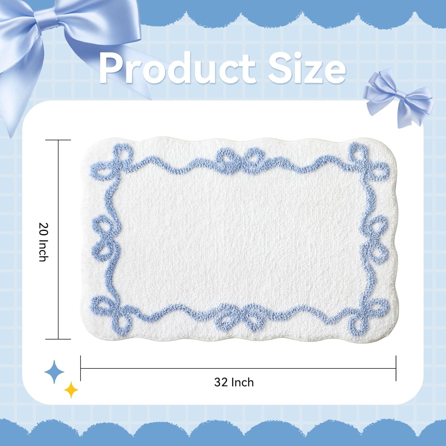 Blue Scalloped Bath Mat - Cute Bow Bathroom Rugs Small Non Slip Bath Mat, Soft & Absorbent Bath Rugs for V1258-DP02-C-559