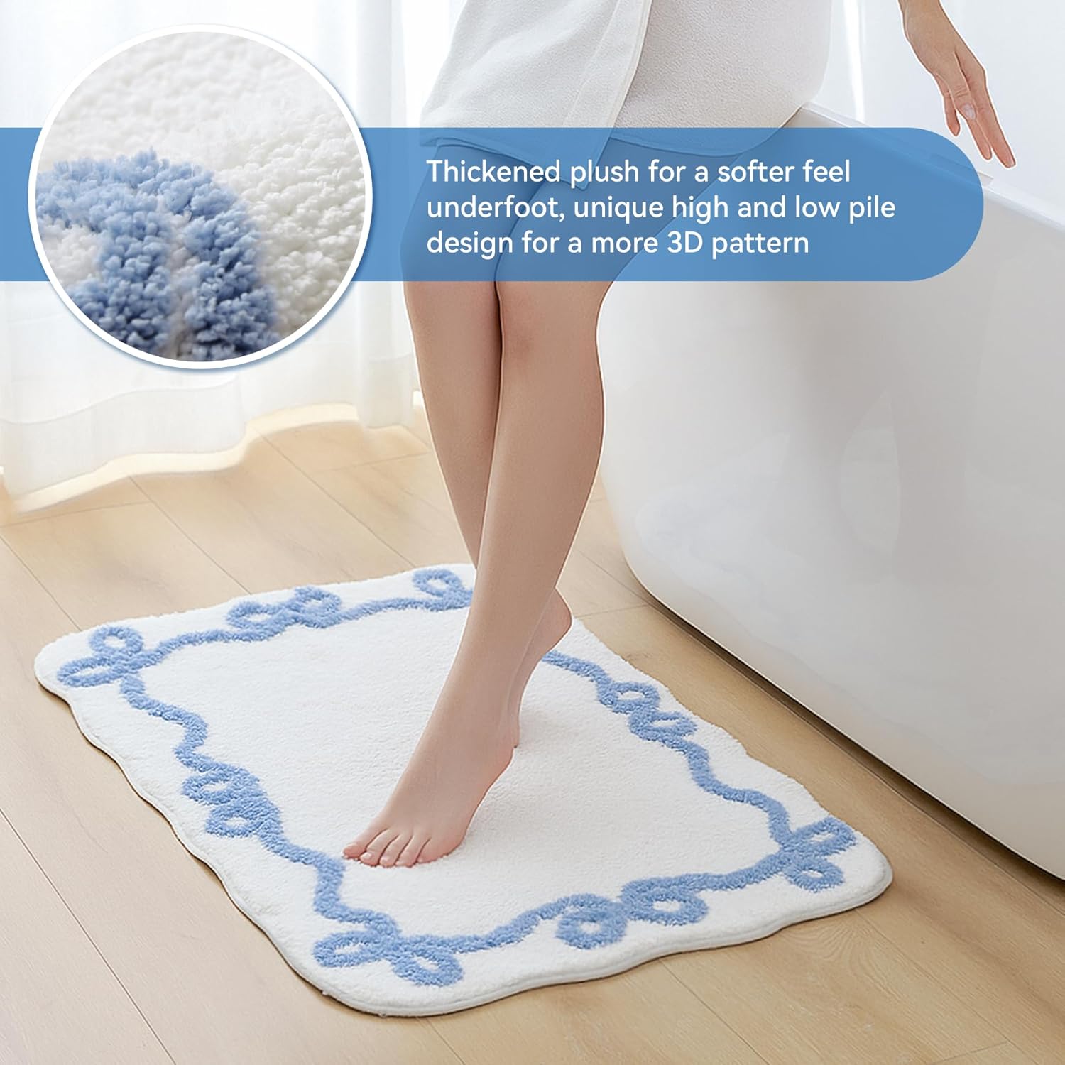 Blue Scalloped Bath Mat - Cute Bow Bathroom Rugs Small Non Slip Bath Mat, Soft & Absorbent Bath Rugs for V1258-DP02-C-559