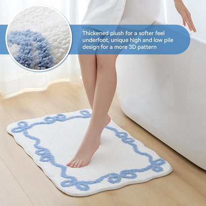 Blue Scalloped Bath Mat - Cute Bow Bathroom Rugs Small Non Slip Bath Mat, Soft & Absorbent Bath Rugs for V1258-DP02-C-559