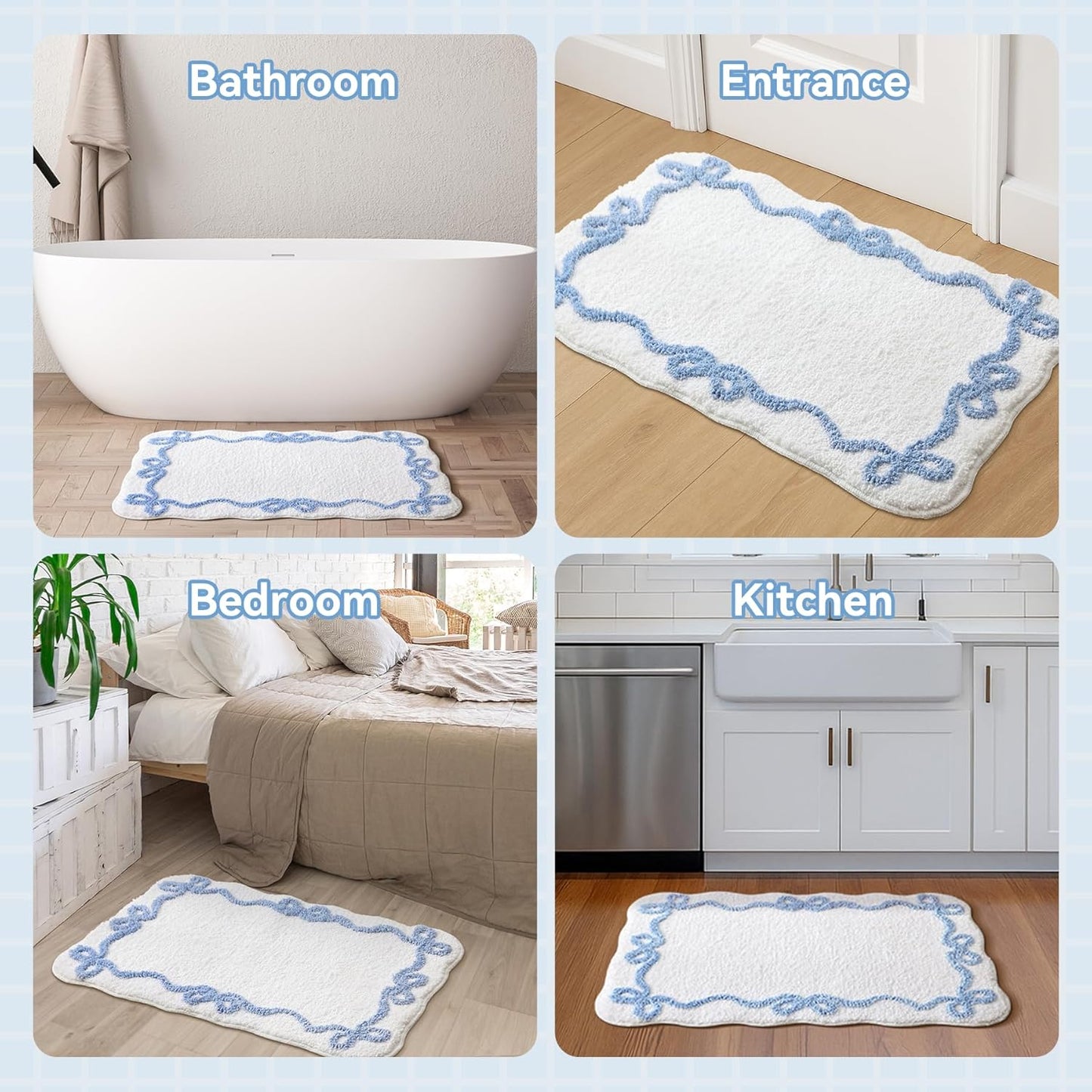 Blue Scalloped Bath Mat - Cute Bow Bathroom Rugs Small Non Slip Bath Mat, Soft & Absorbent Bath Rugs for V1258-DP02-C-559