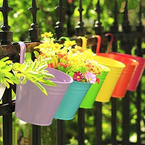 Flower Pots,10 Pcs Metal Iron Hanging Flower Plant Pots Balcony Garden Plant Planter Baskets Fence Bucket Pot V1258-DP02-C-570