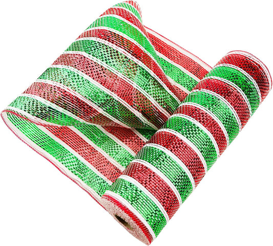 Red and Green Mesh Ribbon - 10 Inch Metallic Foil Stripe Decor for Christmas Tree, Wreaths, DIY Crafts, V1258-DP02-C-572