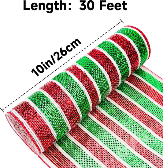 Red and Green Mesh Ribbon - 10 Inch Metallic Foil Stripe Decor for Christmas Tree, Wreaths, DIY Crafts, V1258-DP02-C-572