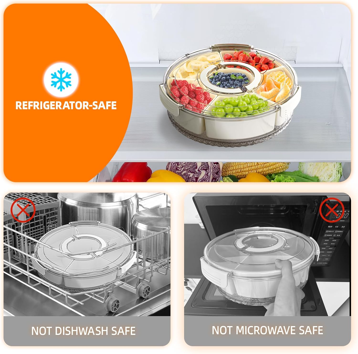 Divided Serving Tray with Lid and Handle, Stackable Snackle Box Container for Fruits Candy Organizer, V1258-DP02-C-574