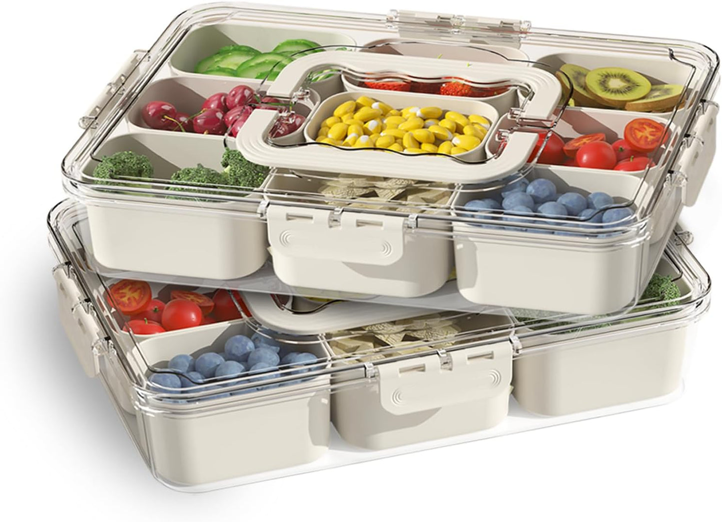 Snackle Box Container, Portable 9 Compartments Divided Serving Tray with Lid and Handle, Clear Snack Box, V1258-DP02-C-575