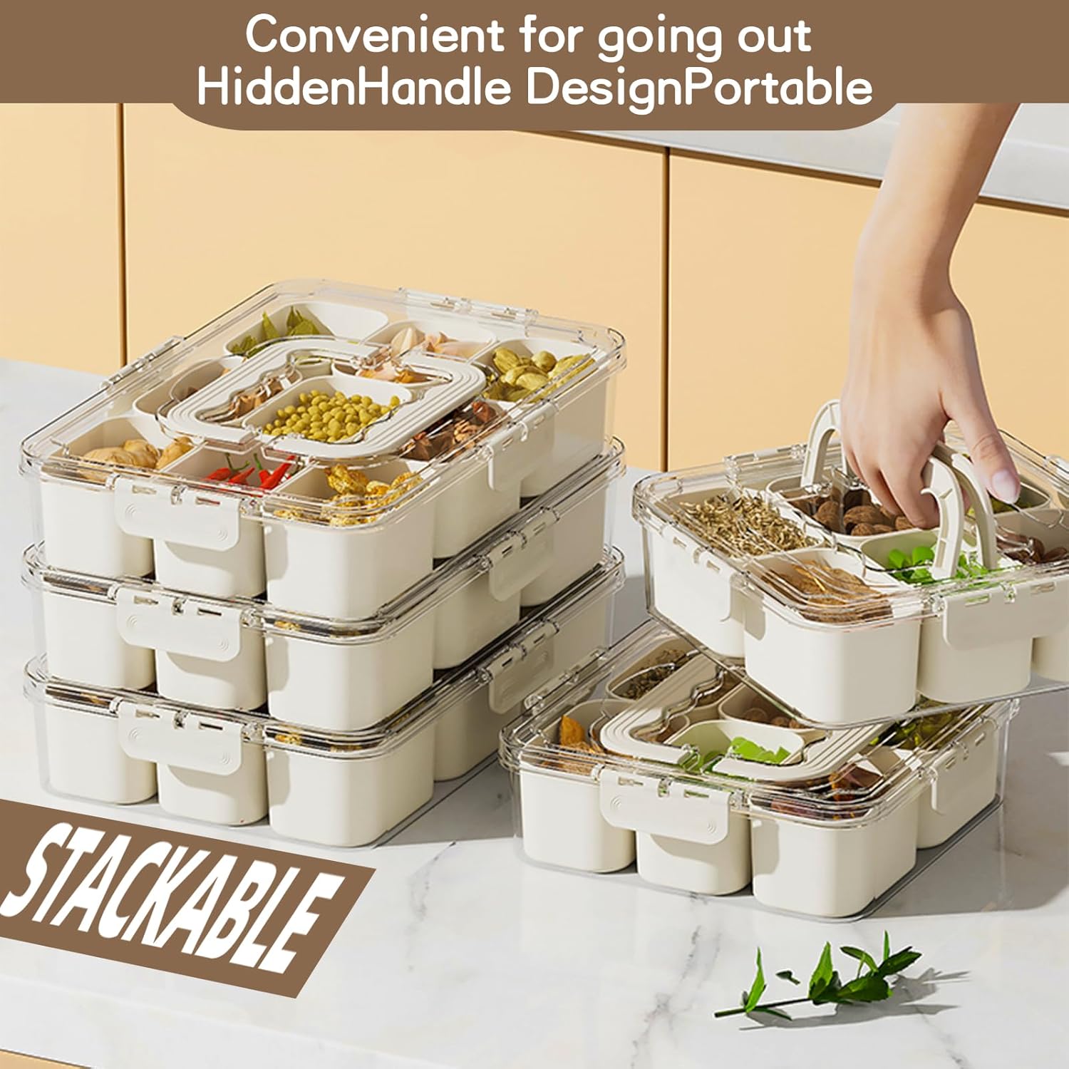 Snackle Box Container, Portable 9 Compartments Divided Serving Tray with Lid and Handle, Clear Snack Box, V1258-DP02-C-575