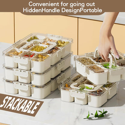 Snackle Box Container, Portable 9 Compartments Divided Serving Tray with Lid and Handle, Clear Snack Box, V1258-DP02-C-575