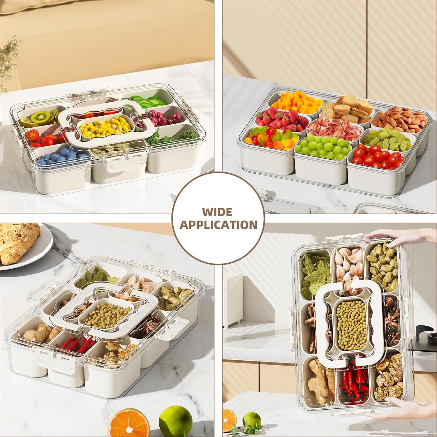 Snackle Box Container, Portable 9 Compartments Divided Serving Tray with Lid and Handle, Clear Snack Box, V1258-DP02-C-575