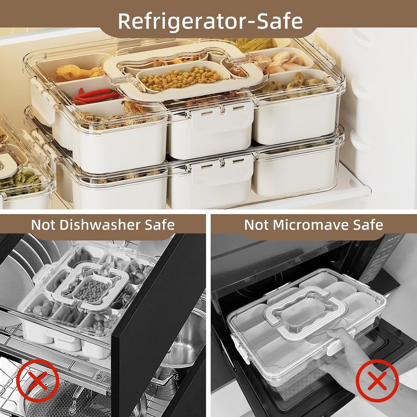 Snackle Box Container, Portable 9 Compartments Divided Serving Tray with Lid and Handle, Clear Snack Box, V1258-DP02-C-575