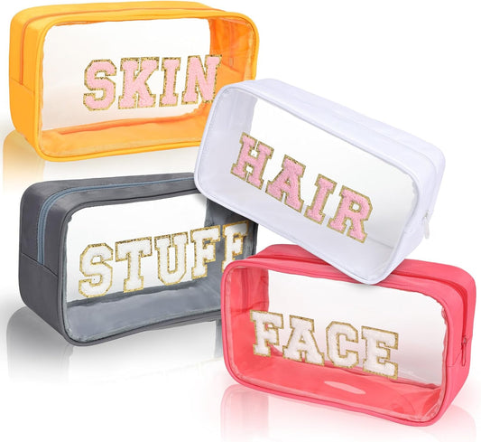 Clear Makeup Bags with Chenille Letters, 4 Pack Preppy Cosmetic Pouch Zipper, Personalized Initial beauty V1258-DP02-C-582
