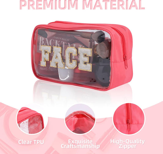 Clear Makeup Bags with Chenille Letters, 4 Pack Preppy Cosmetic Pouch Zipper, Personalized Initial beauty V1258-DP02-C-582