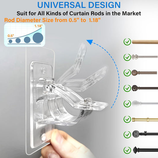 6-Pack No Drill Needed Curtain Rod Holders, Self Adhesive Rod Brackets for Smooth Walls, Multipurpose V1258-DP02-C-583